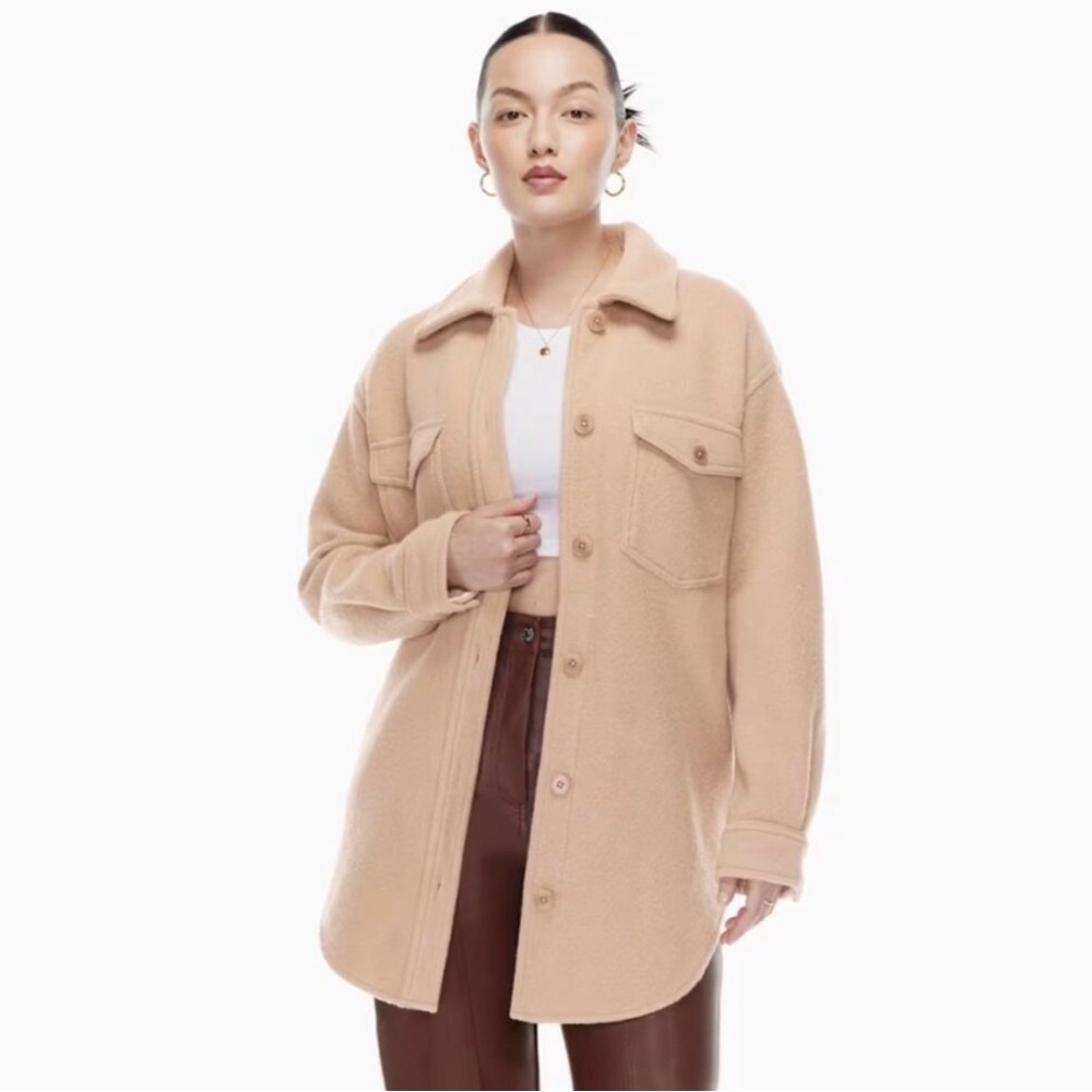 Aritzia Wilfred Free, Ganna Shirt Jacket, Tan Camel 100%  Merino wool size Small